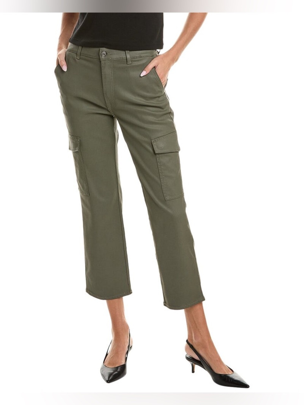 7 For All Mankind Women’s Green Logan Coated High Ankle Straight Leg Cargo Pants